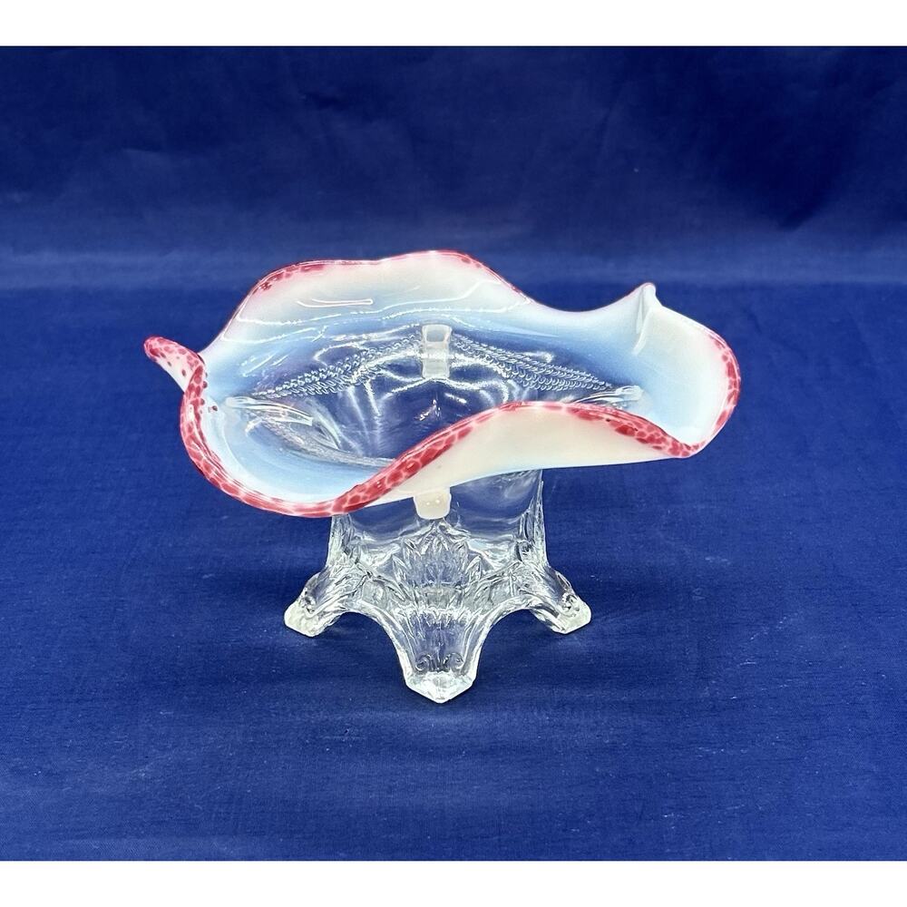 Vtg Antique Jefferson Glass Open Sugar Dish Bowl Opalescent Cranberry Frill Rim